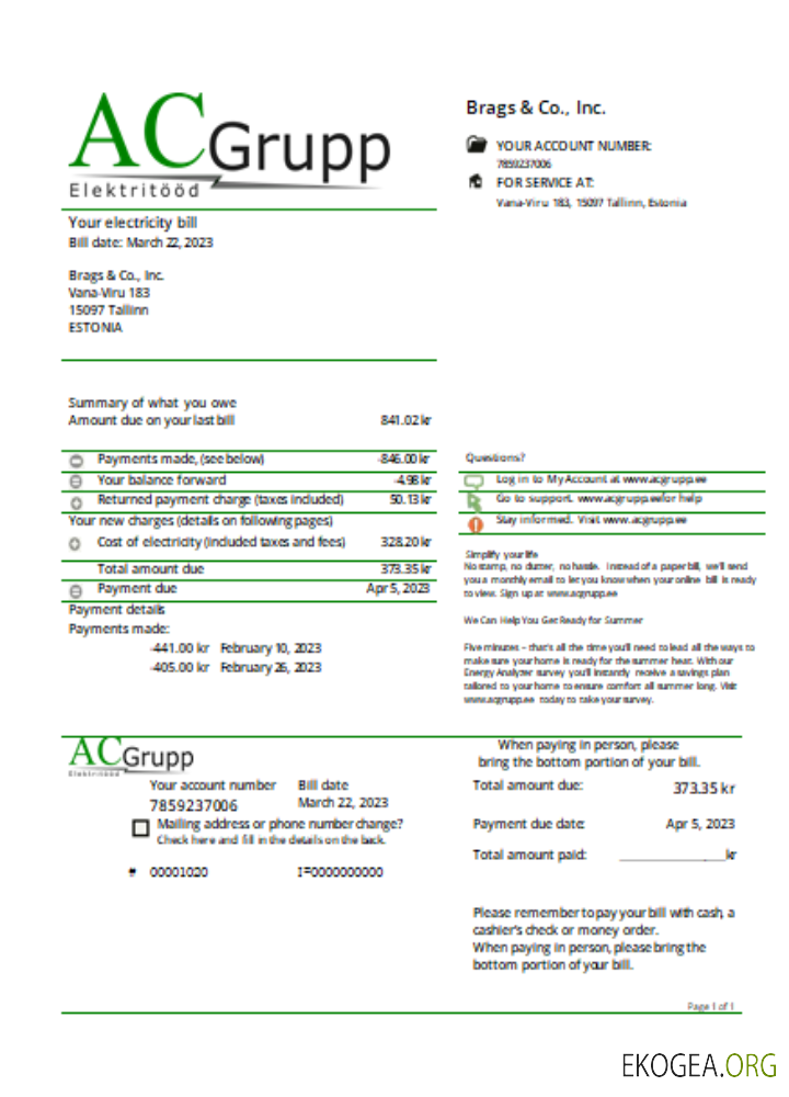 AC Grupp OÜ facture commerciale de service public d'électricité SCR